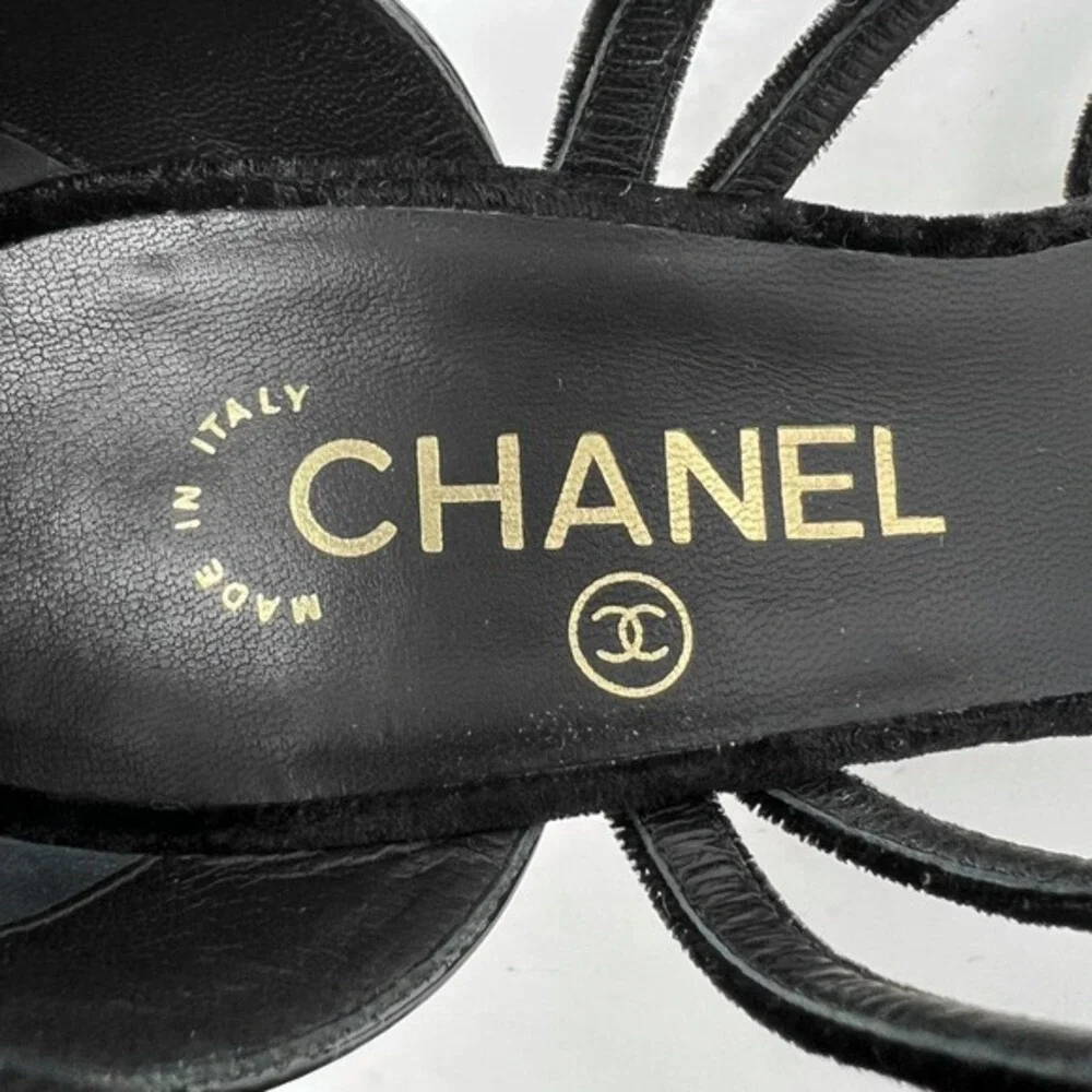 Chanel Black Velvet Patent Leather Strappy‎ Heels CC Logo 37
